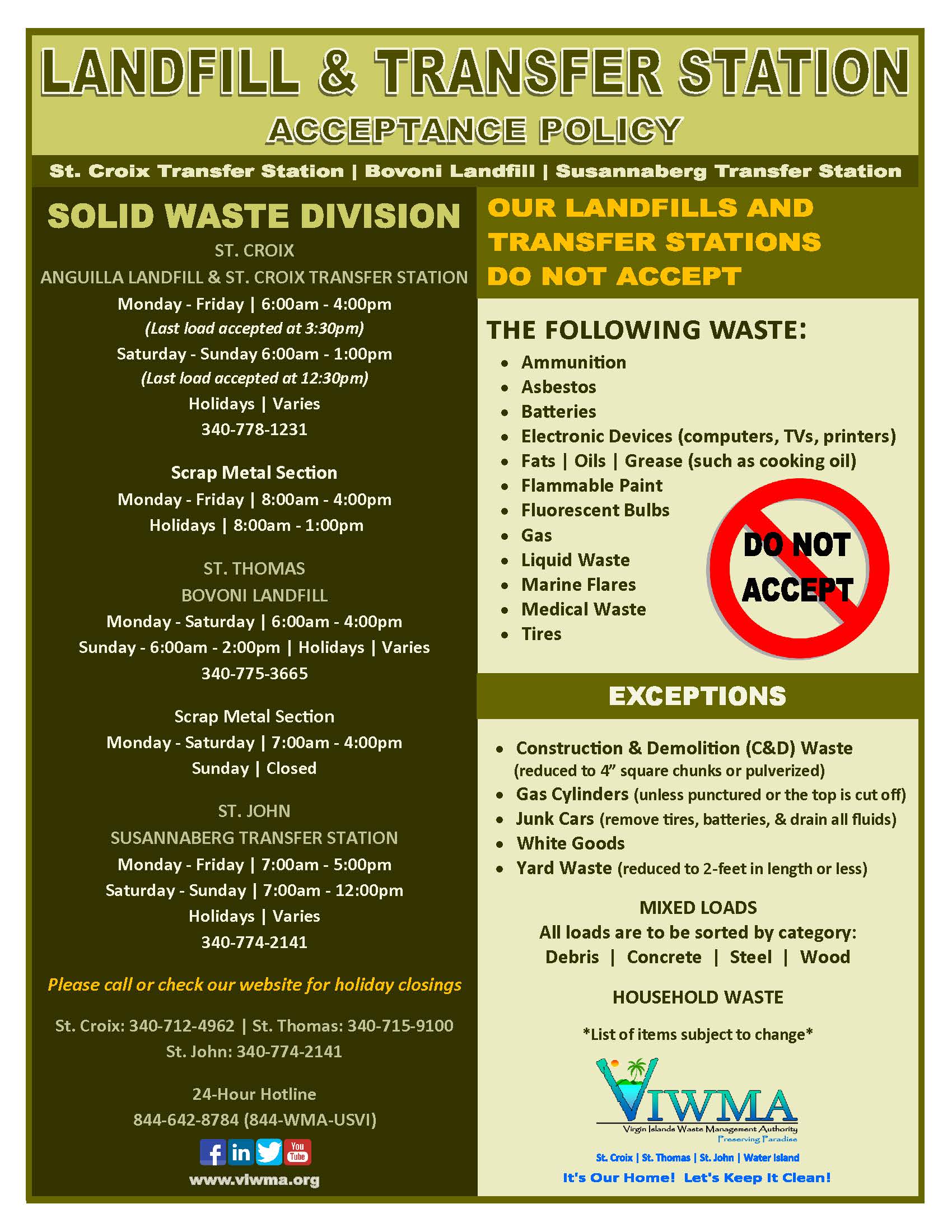 Landfill Transfer Station Bin Site Acceptance Policy Flyer Page 1